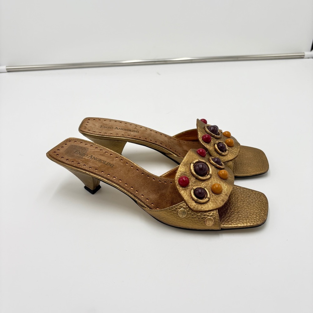 Vtg Whimsigoth Enzo Angiolini Alvita Glam Bejeweled Gold Metallic Kitten Heel7.5